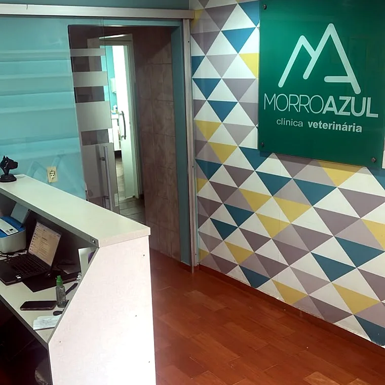 Recepção da Clínica Morro Azul com a parede da marca